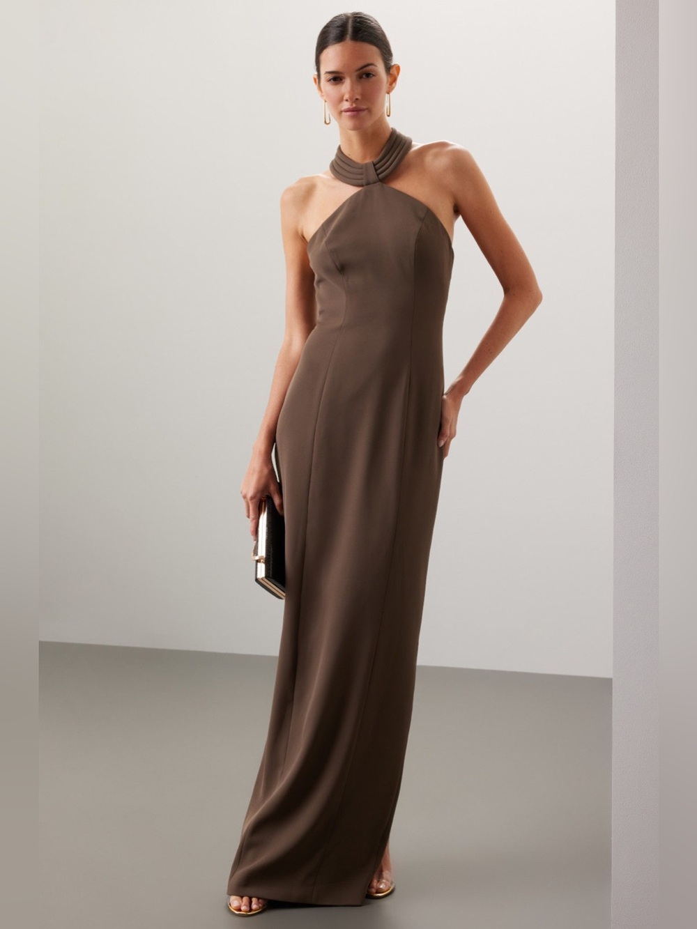 Ronny Kobo Lenox Gown Brown Crepe Maxi Halter Column Formal Dress Size XS $448